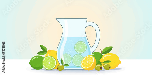 Refreshing pitcher of water infused with citrus slices and surrounded by fresh fruits