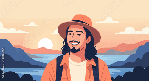 Smiling man with hat and backpack enjoys a scenic sunset landscape