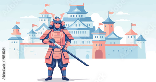 Samurai warrior stands before a pixelated castle under a cloudy sky