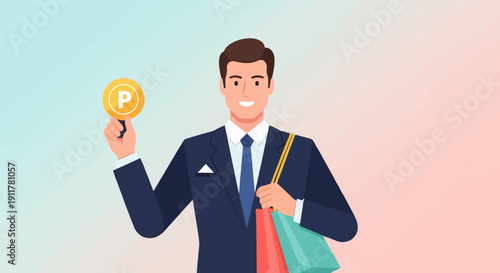Smiling man in suit holds point coin and shopping bags