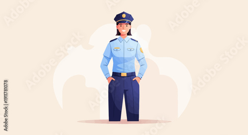 Smiling officer in uniform with hands in pockets, light background