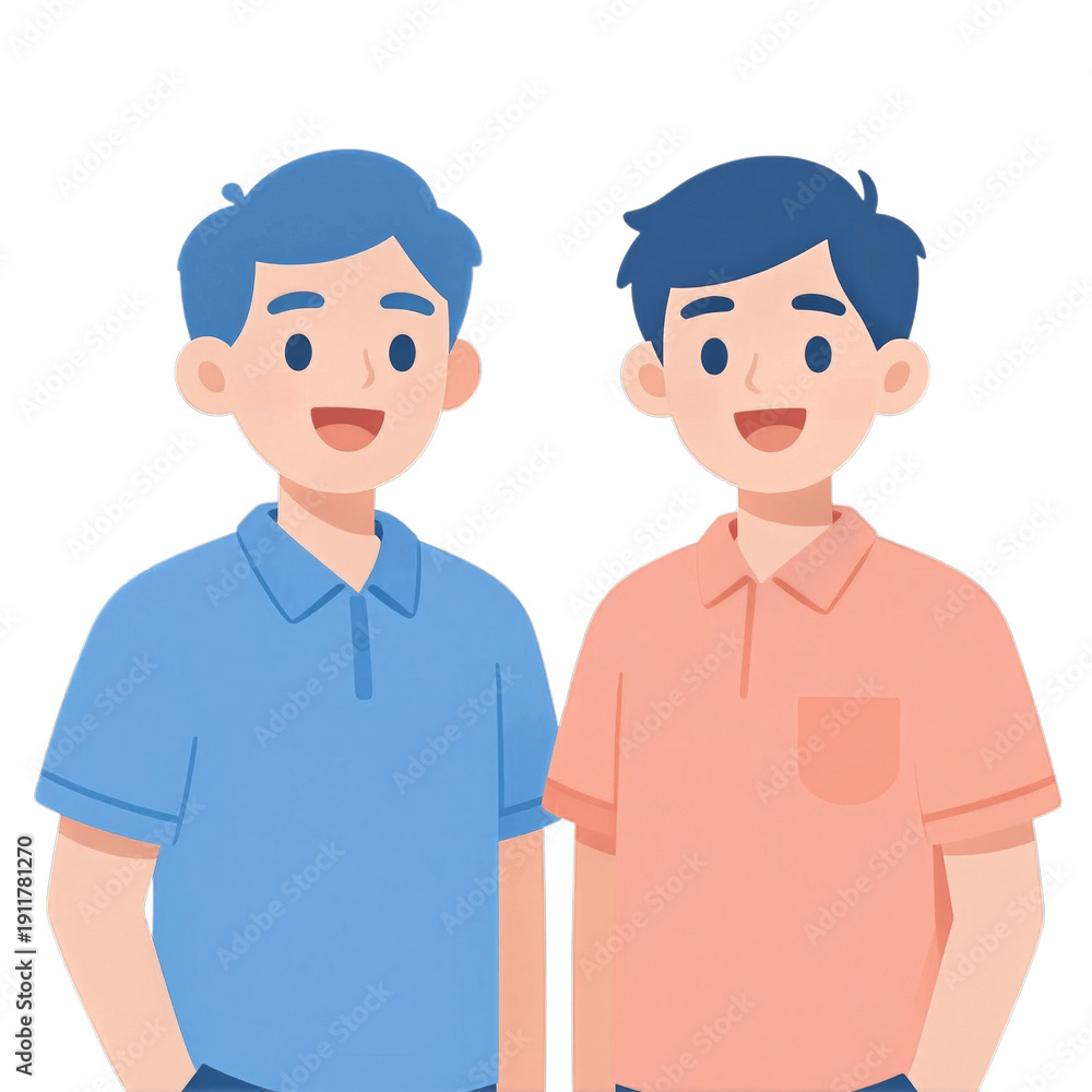 Fototapeta premium Two Smiling Young Men In Casual Shirts, Cartoon Style