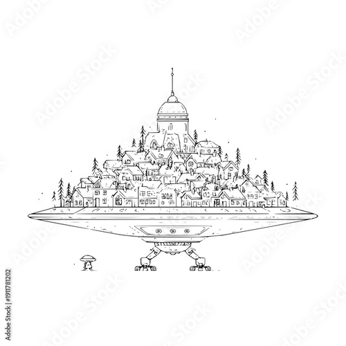 UFO Flying Over Ancient City with Dome Building