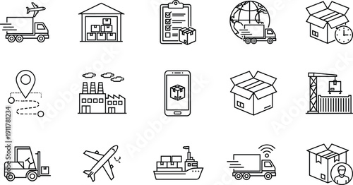 Logistics and global shipping line icon set featuring delivery trucks, airplanes, cargo ships, warehouses, forklifts, freight containers, and package tracking for supply chain