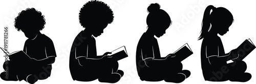 Silhouette of Children Sitting and Reading Books Together, Kids Learning and Studying for Education, Literacy and Childhood Development Isolated on White Background