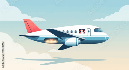 Santa Claus flies an airplane, delivering gifts through the clouds