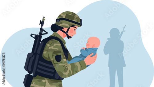 Soldier cradles infant against backdrop of a shadowy figure