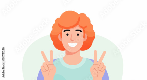 Smiling person with curly orange hair making peace sign