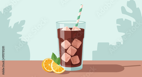 Refreshing iced drink with citrus slices and straw, cool beverage