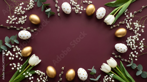 Frame from golden eggs, white tulips on red background. Greeting banner for spring Easter day, a Christian holiday with copy space.