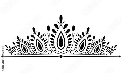 Elegant black and white illustration of a tiara adorned with intricate designs and floral elements on a plain white background symbolizing luxury and royalty in a simple yet sophisticated manner.