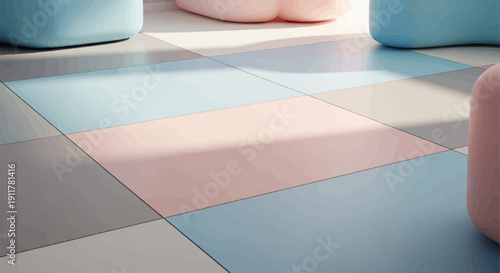 Soft pastel colors and light create a serene, minimalist indoor scene