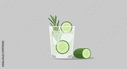 Refreshing beverage with cucumber slices and rosemary sprigs