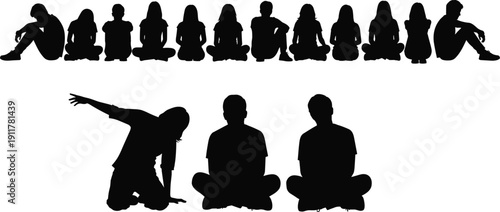 Silhouette of Children Sitting Cross Legged in Classroom Group, Kids Meditation and Yoga Pose Isolated on White Background for Education Concept Design