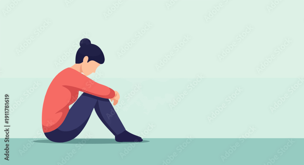 Obraz premium Solitary figure, head bowed, sits alone on the floor, lost in thought