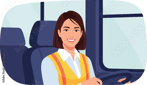 Smiling woman in a yellow safety vest driving a vehicle