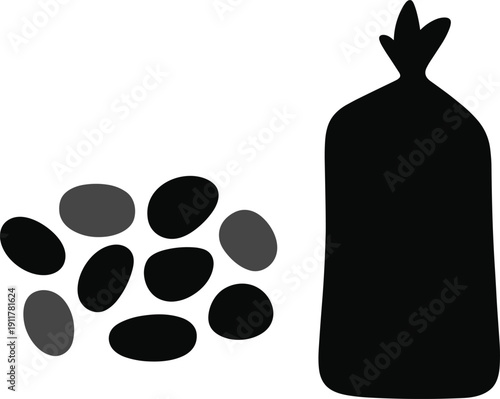 Black silhouettes of beans scattered beside a tied sack, isolated on white background, perfect for agriculture, farming, food storage, packaging, and design projects.