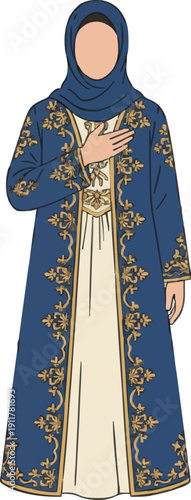 Faceless Muslim woman character in elegant blue abaya with gold embroidery. Islamic lady greeting with hand on chest for Eid al-Fitr, Eid Mubarak, and Ramadan