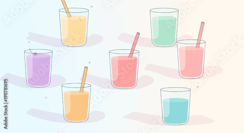 Seven colorful drinks with straws in clear glasses arranged playfully