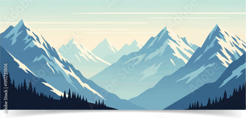 Serene, layered mountain peaks with snow and evergreen trees