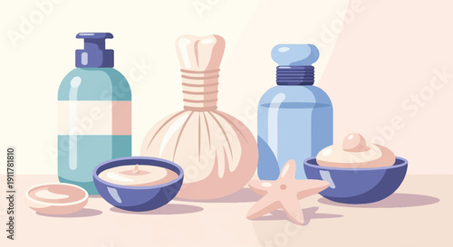Soothing spa products with massage tools, creams, and lotion