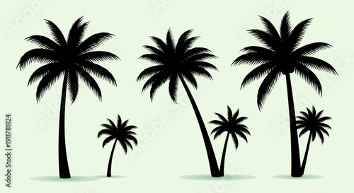 Silhouettes of various palm trees against a pale green background