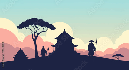 Silhouettes of pilgrims near ancient structures under a stylized sunset sky