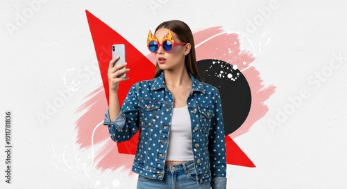 Young woman engrossed in a smartphone, wearing hypnotic glasses, captured in a dynamic digital collage, symbolizing modern screen dependence