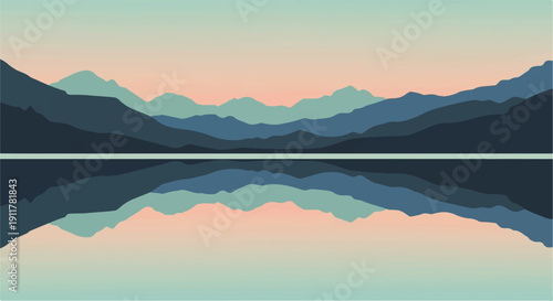 Serene, layered mountains reflected in a tranquil body of water