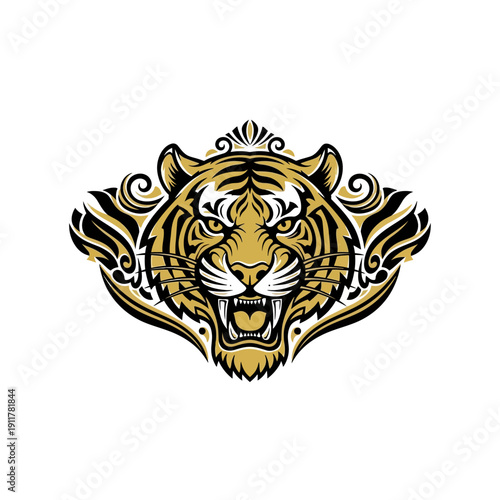 Fierce Tiger Head Illustration with Ornate Designs and Swirling Patterns