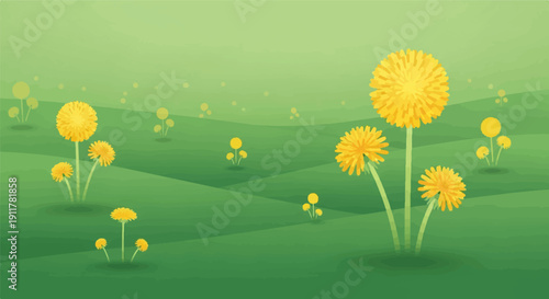 Rolling green hills dotted with bright yellow dandelions under a hazy sky