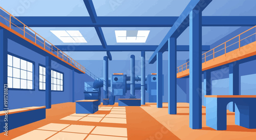 Spacious blue industrial interior with orange accents and skylights