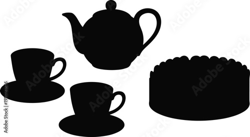 Black silhouettes of teapot, teacups with saucers, and round cake with scalloped edge, isolated on white background, perfect for tea time, café, and decorative design projects.