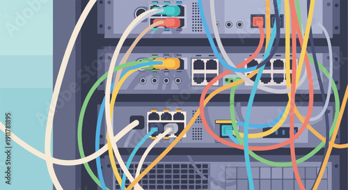 Server rack with tangled network cables, digital art