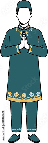 Faceless Muslim man character greeting with hands together in elegant teal tunic and gold floral embroidery. Islamic male standing with respect for Eid al-Fitr, Ramadan Kareem, and Eid Mubarak