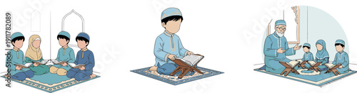 Set of faceless Muslim children and teacher reading holy Quran. Islamic education collection for Ramadan, Eid al-Fitr, and Madrasah learning