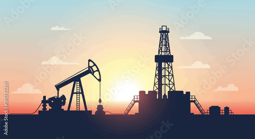 Silhouetted oil pumps and drilling rig against a sunset sky with clouds