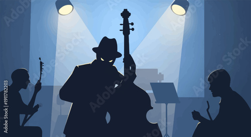 Silhouetted jazz trio performs under spotlights on dimly lit stage