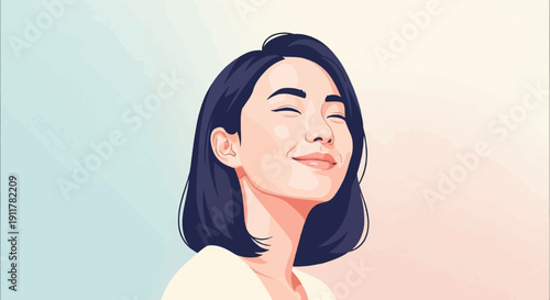 Serene woman with eyes closed, smiling gently against a soft gradient background
