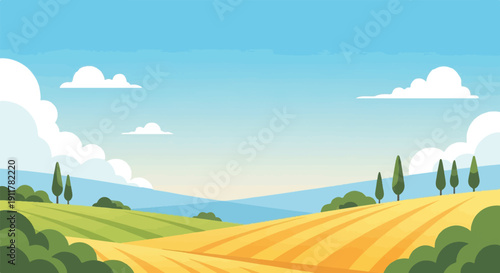Rolling hills under a bright sky with fluffy clouds and sunlit fields