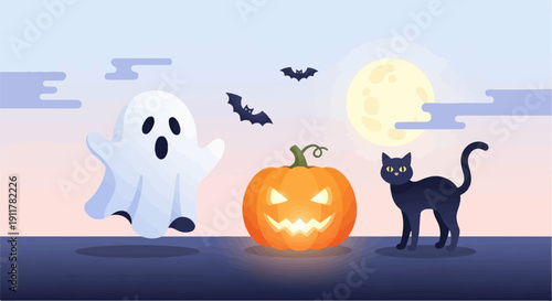 Spooky Halloween scene with ghost, pumpkin, black cat, and bats under moon