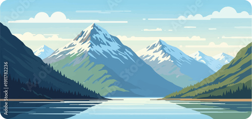 Serene mountain lake scene with snow-capped peaks and lush green slopes