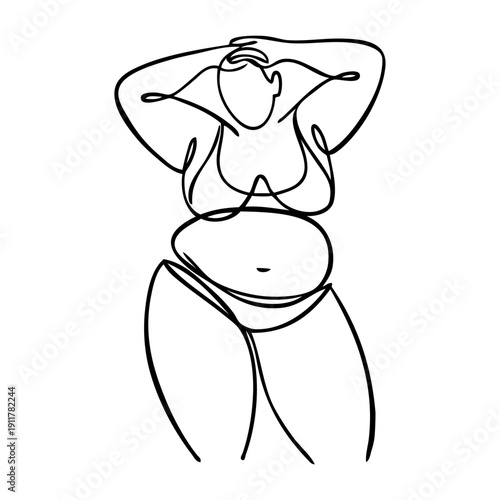 Dibujo de trazo único de mujer con traje de baño o ropa interior con sobrepeso de pie
