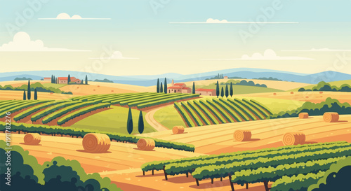 Rolling hills with vineyards, farmhouses, and hay bales under a sky