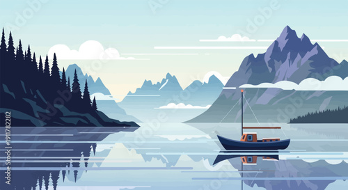 Serene mountain lake with sailboat and pine forest reflections