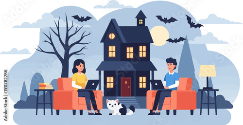 Spooky house scene with people working on laptops and a cat