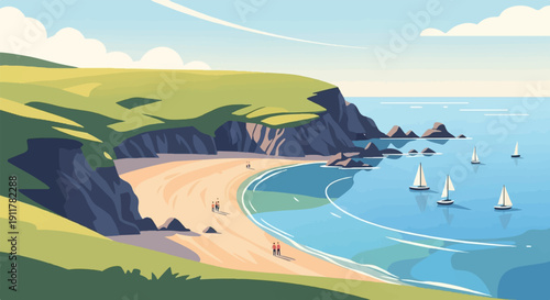 Scenic coastal landscape with sailboats and people on a sandy beach