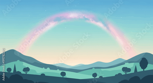 Rolling hills under a pastel rainbow and starry sky