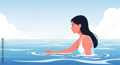 Serene woman in white swimsuit swims in blue water under cloudy sky