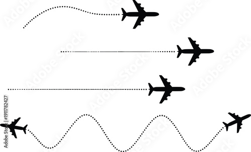 Black silhouette airplanes flying in different directions with dotted trails silhouettes